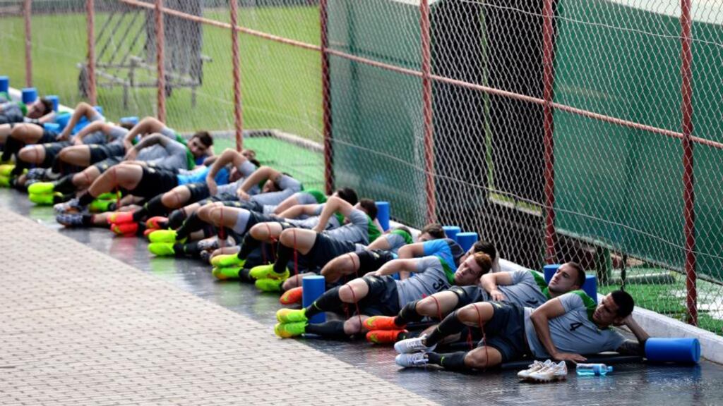 Australian player Tim Cahill (front) and teammates during a training session at earlier this week. Photograph: EPA
