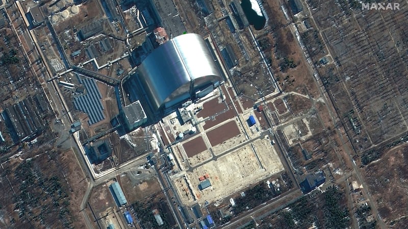 This satellite image provided by Maxar Technologies shows a close view of Chernobyl nuclear facilities, Ukraine. Satellite image: copyright 2022 Maxar Technologies via AP