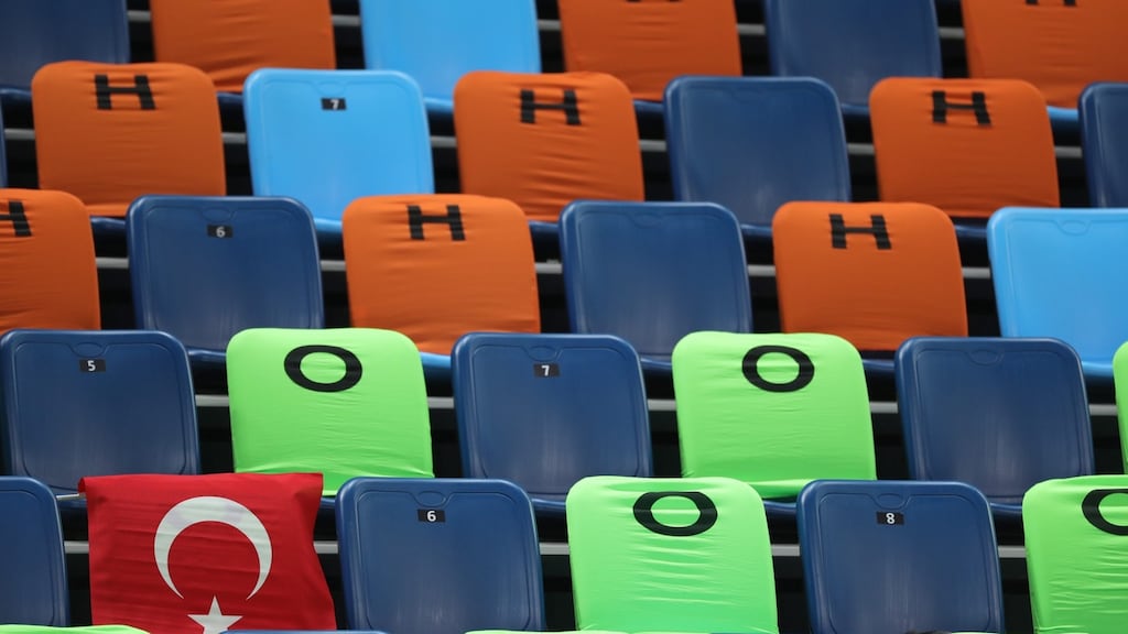 A Turkish flag is seen between empty seats during the Women’s quarter-final basketball game between Spain and Turkey this week. Photograph: EPA