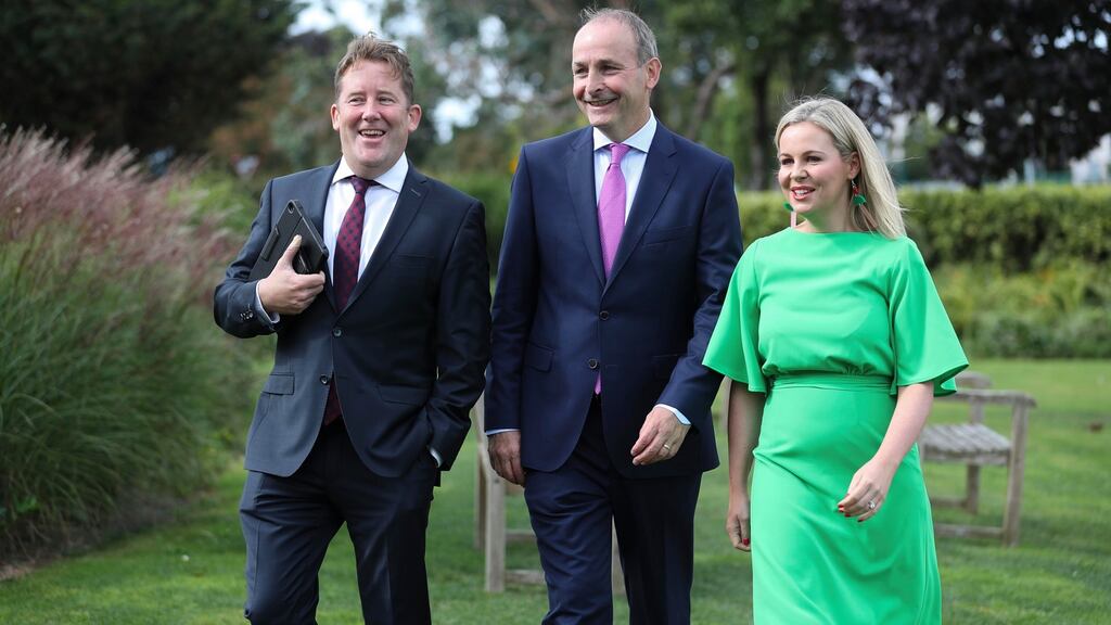 Darragh O’Brien TD, leader Micheál Martin and Senator Lorraine Clifford-Lee at the Fianna Fáil think-in in Malahide, Co Dublin. Photograph: Conor McCabe Photography
