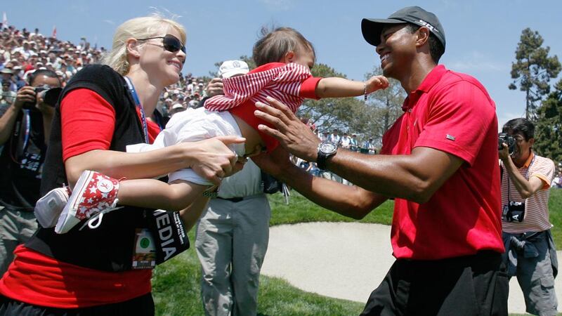 Elin Nordegren Woods passes daughter Sam to Tiger Woods his playoff win at the 2008  US Open at  Torrey Pines in San Diego. Photograph: Jeff Gross/Getty Images