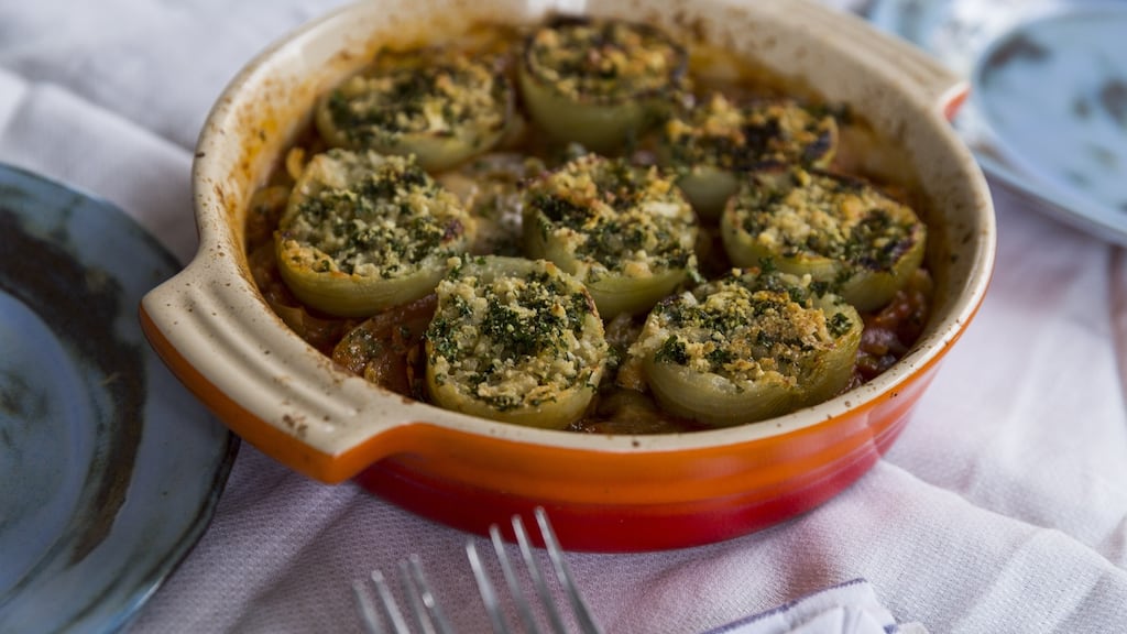 Braised Stuffed White Onion. Photograph: Emma Jervis