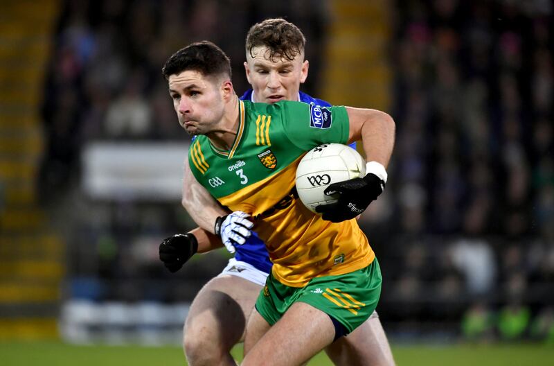 Brendan McCole of Donegal and Paddy Lynch of Cavan. Photograph: Andrew Paton/Inpho
