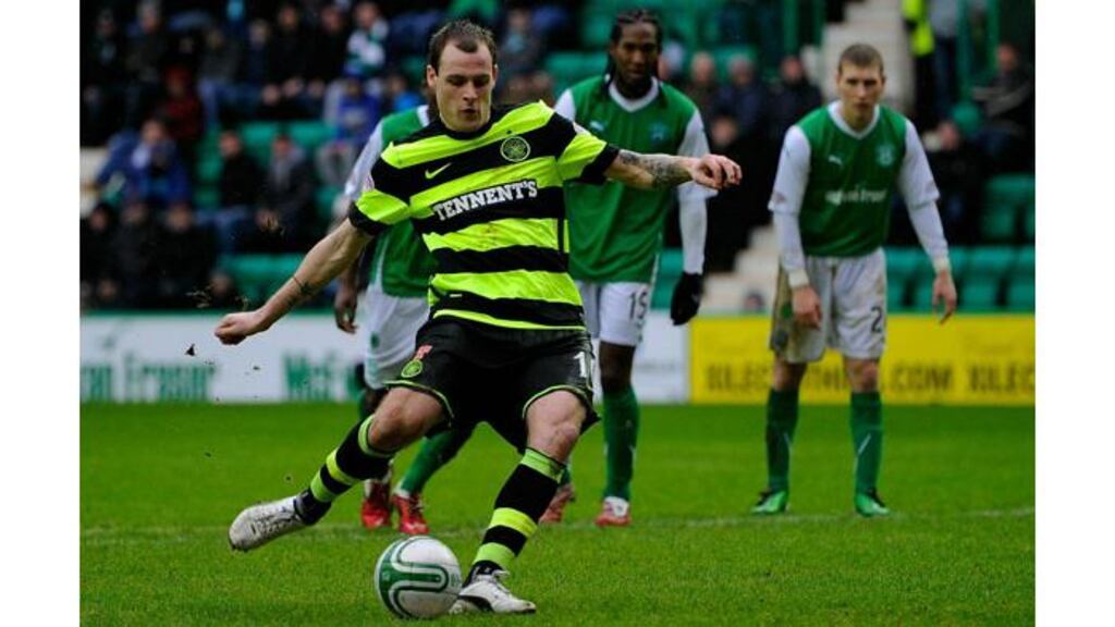 Anthony Stokes scores his first against former club Hibernian from the spot in Celtic's 3-0 win at Easter Road. - (Photograph: Stu Forster/Getty Images)