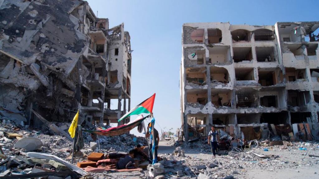 A picture shows a general view of apartment buildings destroyed by Israeli bombing in Gaza. Photograph: Yonhap /EPA