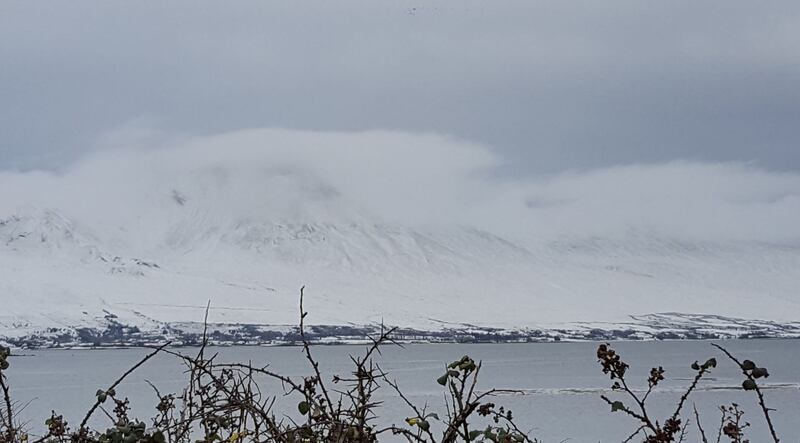 Croagh Patrick in Co Mayo hidden amid cloud and snow today. Photograph: Elizabeth Healy