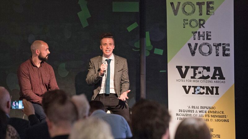 Vica members Alan Flanagan (L) and Ben Kelly   speaking about the importance of the emigrant vote referendum. Photograph: Dave Meehan for The Irish Times.