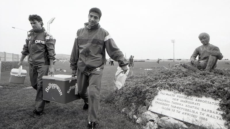 Alan McLoughlin with Chris Houghton in Malta 1990. Photograph: Billy Stickland/Inpho