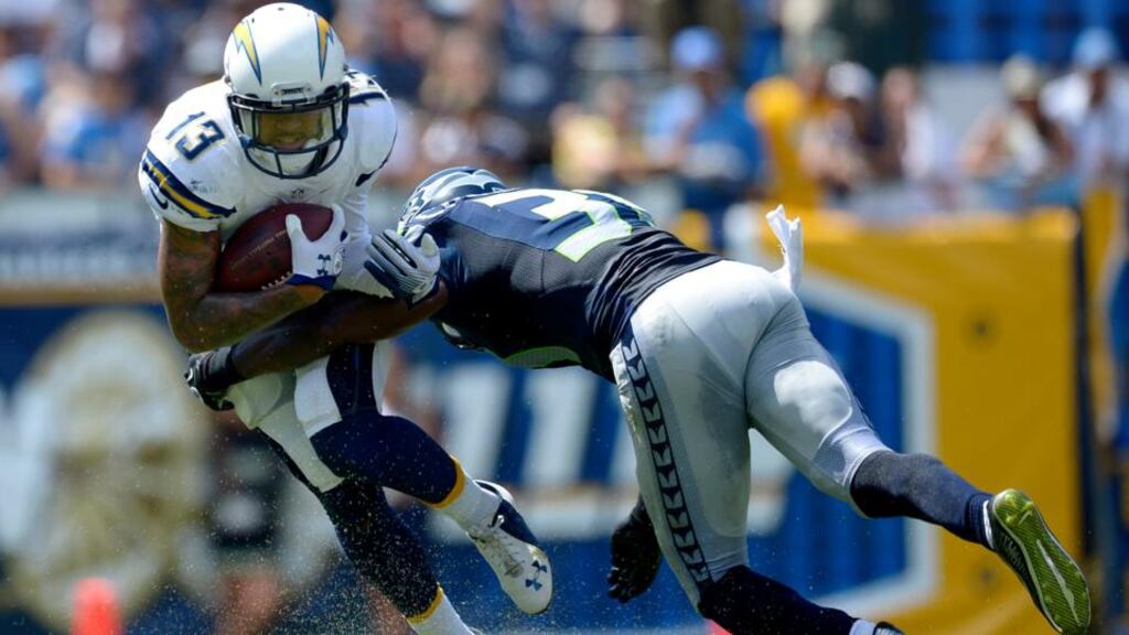 San Diego Chargers receiver Keenan Allen (left) can’t avoid Seattle Seahawks safety Earl Thomas. Photograph: Paul Buck