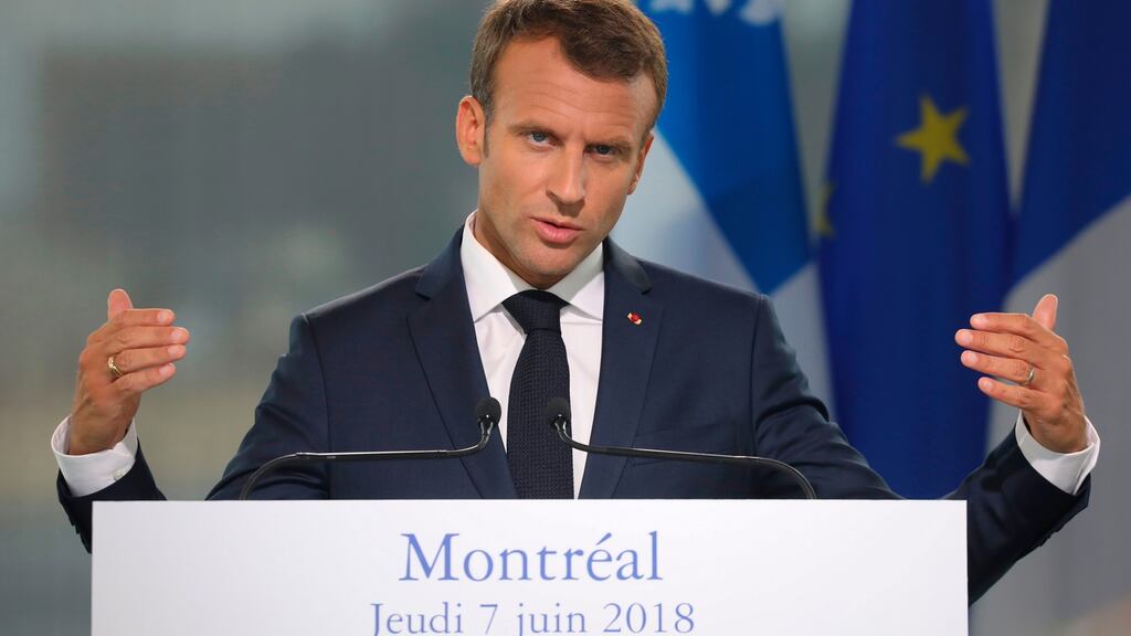 French president Emmanuel Macron speaks during a press conference with Quebec Prime Minister Philippe Couillard in Montreal, Quebec . Photograph: Ludovic Marinludovic/Getty Images