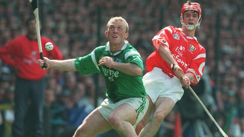 Seán McGrath of Cork in action against Limerick’s Dave Clarke during the 1998 Munster SHC semi-final at the Gaelic Grounds. Photograph: Lorraine O’Sullivan/Inpho