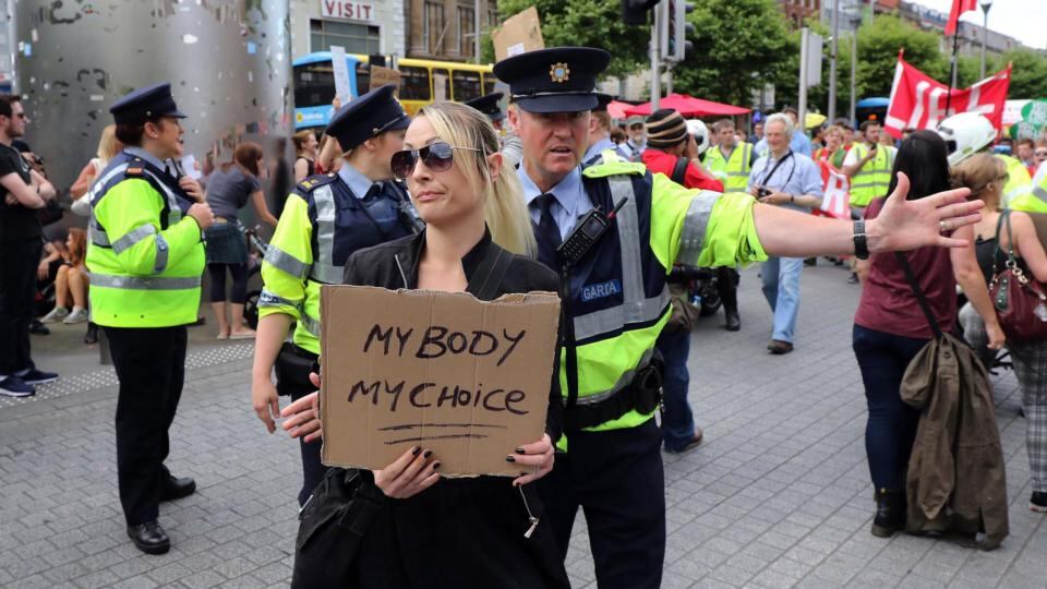 Pro-choice supporters held a counter-demonstration at the Spire to the anti-abortion rally in Dublin. Photograph: Nick Bradshaw