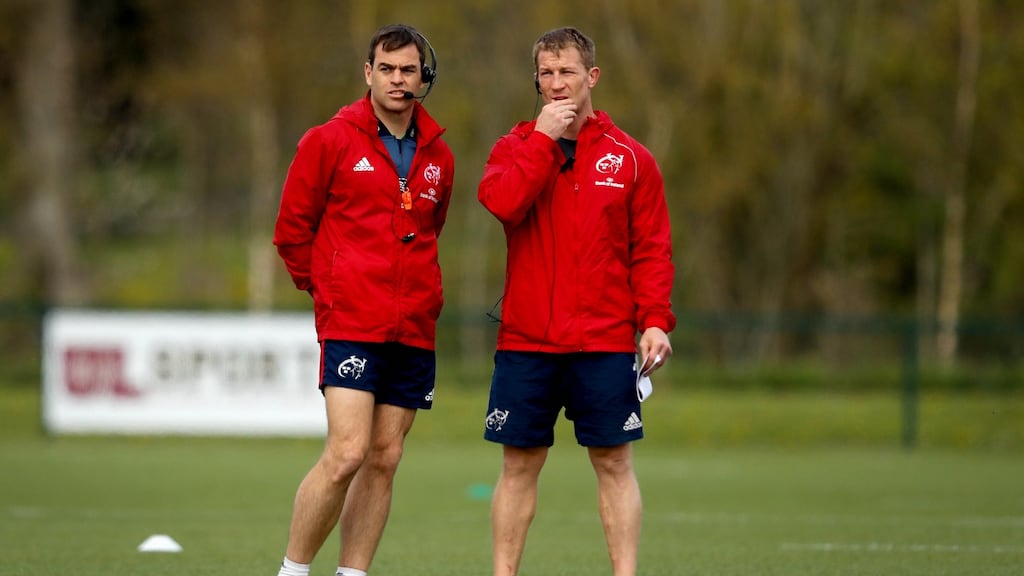 Munster head coach Johann van Graan and forwards coach Jerry Flannery. Photograph: Ryan Byrne/Inpho