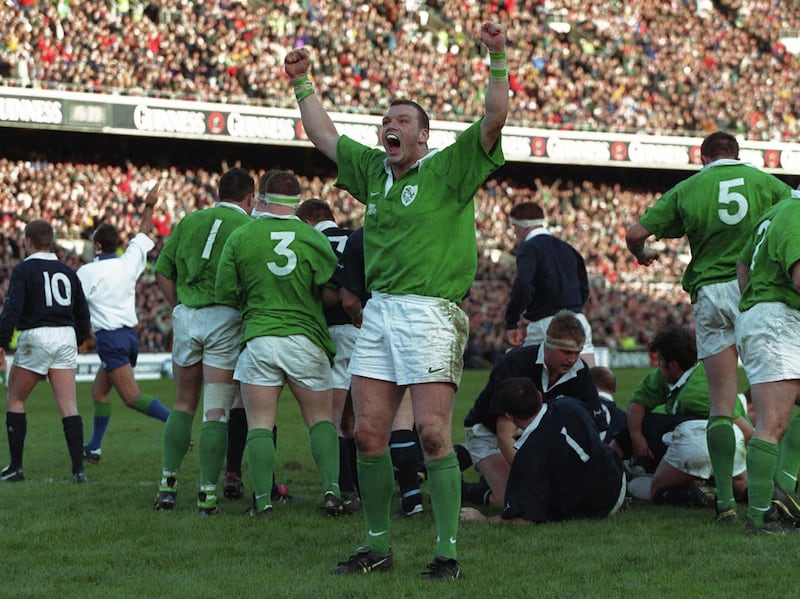 David Corkery celebrates Ireland's penalty try against Scotland in 1998. Photograph: Patrick Bolger/Inpho