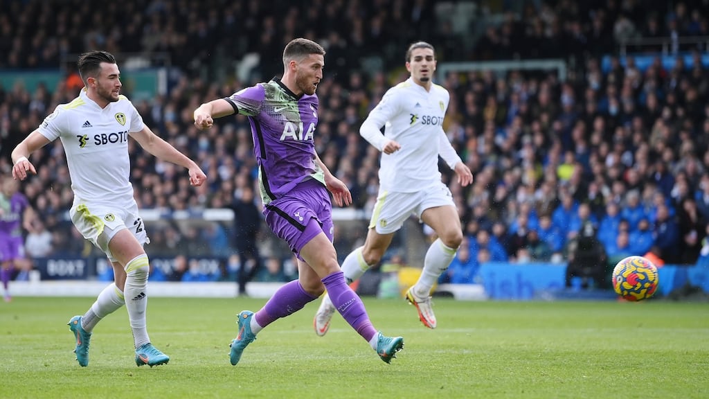 Matt Doherty scores Tottenham Hotspur’s opening goal during the Premier League game against Tottenham Hotspur at Elland Road. Photograph: Laurence Griffiths/Getty Images