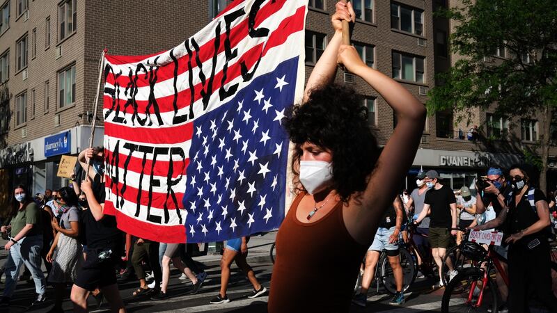 Protesters march through Manhattan in New York City this week. Photograph: Spencer Platt/Getty Images
