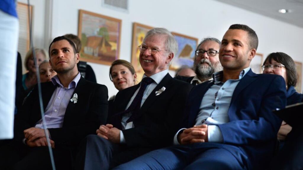 Husband of the late Christine Buckley, Donal Buckley, with his sons Darragh (left) and Conor at the Aislinn Education & Support Centre. Photograph: Dara Mac Dónaill