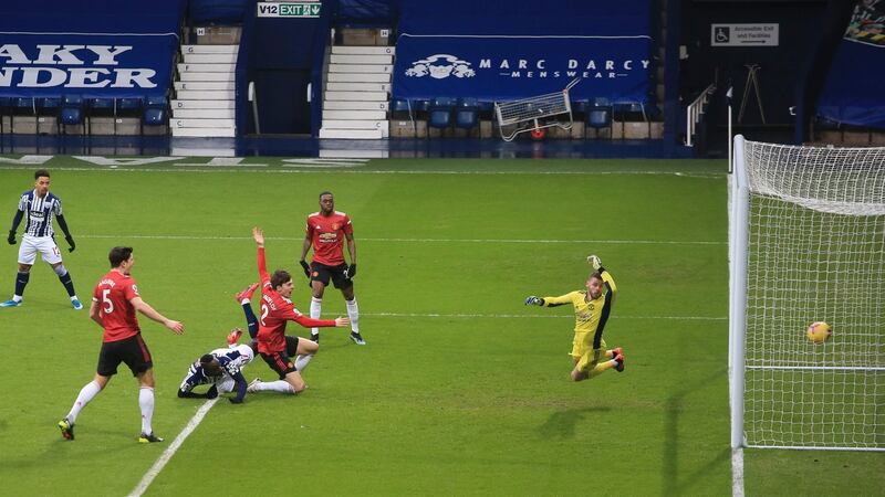 Mbaye Diagne opens the scoring for West Brom. Photo: Nick Potts/POOL/AFP via Getty Images