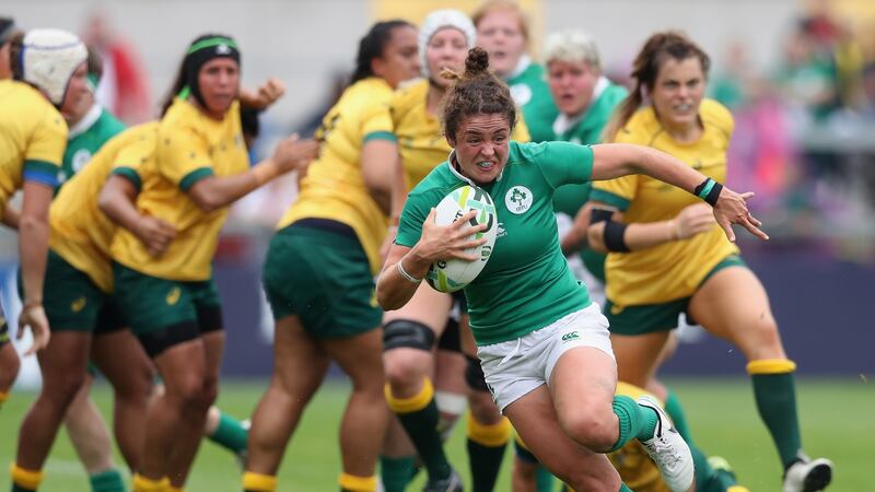 Larrisa Muldoon of Ireland charges upfield during the defeat against Australia at the Kingspan Stadium. Photograph: Getty Images