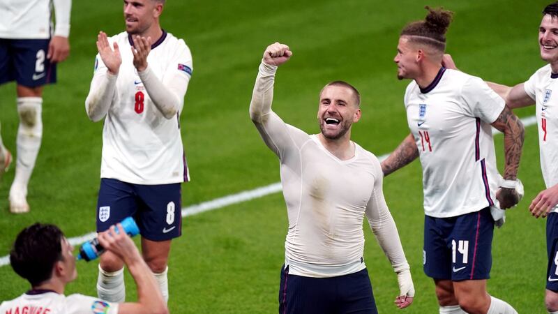 Luke Shaw celebrates England’s extra-time win over Denmark. Photograph: Mike Egerton/PA