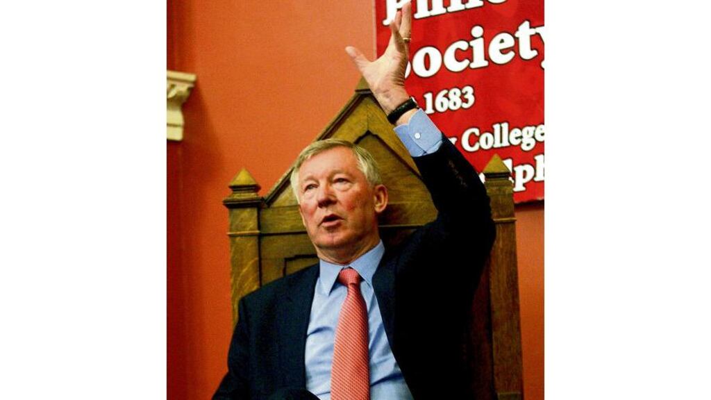 Manchester United manager Alex Ferguson, who was made an honorary patron of the Trinity Philosophical Society, speaking at last night's function in Dublin. - (Photograph: Lorraine O'Sullivan/Inpho)