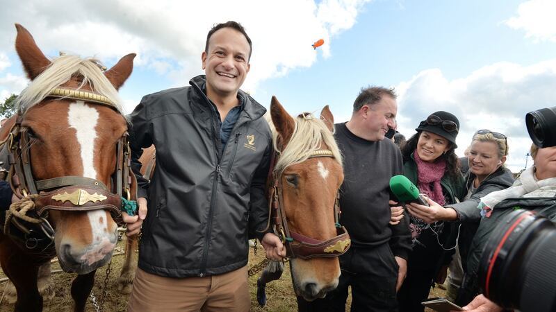 Taoiseach Leo Varadkar with David King and French Heavy horses Jack and Jill at the Special Horse Class Ploughing competition on the final day of the National Ploughing Championships. Photograph: Alan Betson/The Irish Times