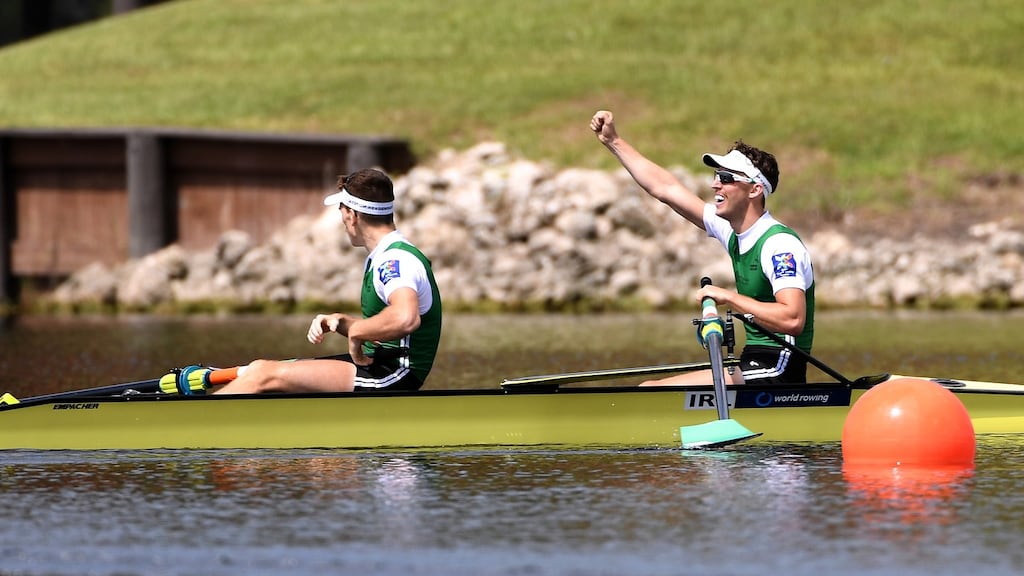 Ireland’s Mark O’Donovan and Shane O’Driscoll celebrate winning gold at the 2017 World Rowing Championships in Sarasota, Florida. Photo: Detlev Seyb/Inpho