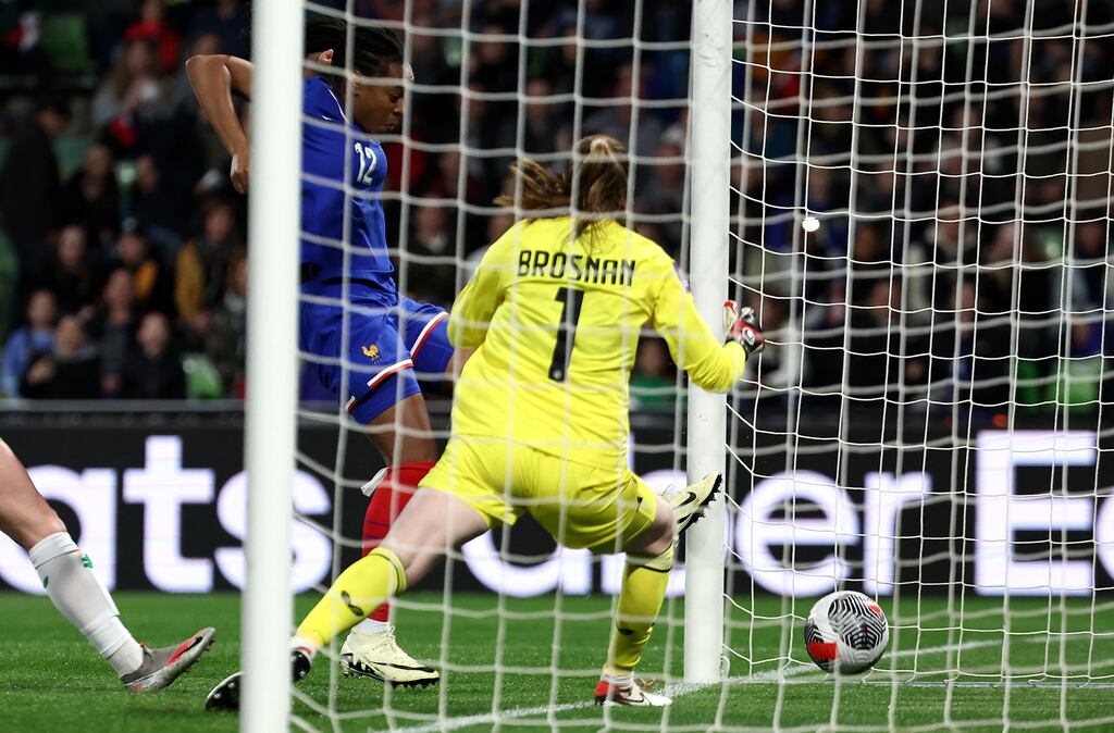 France's forward Marie-Antoinette Katoto scores her team's first goal past Ireland's goalkeeper Courtney Brosnan. Photograph: Franck Fife/AFP via Getty