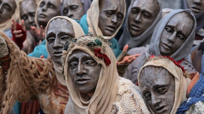 ‘The Ancestors’ gather at the annual Macnas Halloween parade in Galway on Sunday. Photograph: Joe O’Shaughnessy
