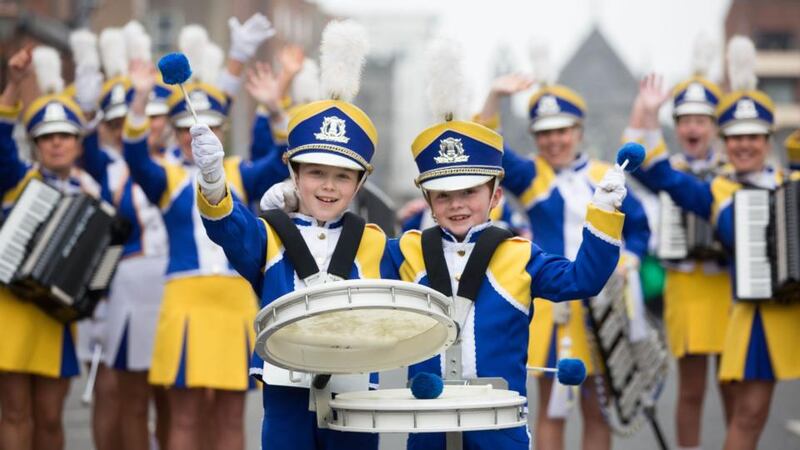 Triston Downey and Ciaran McPolin with the Mayobridge Band from Derry taking part in the 45th International Band Championship in Limerick on Sunday. Photograph: Sean Curtin Fusionshooters
