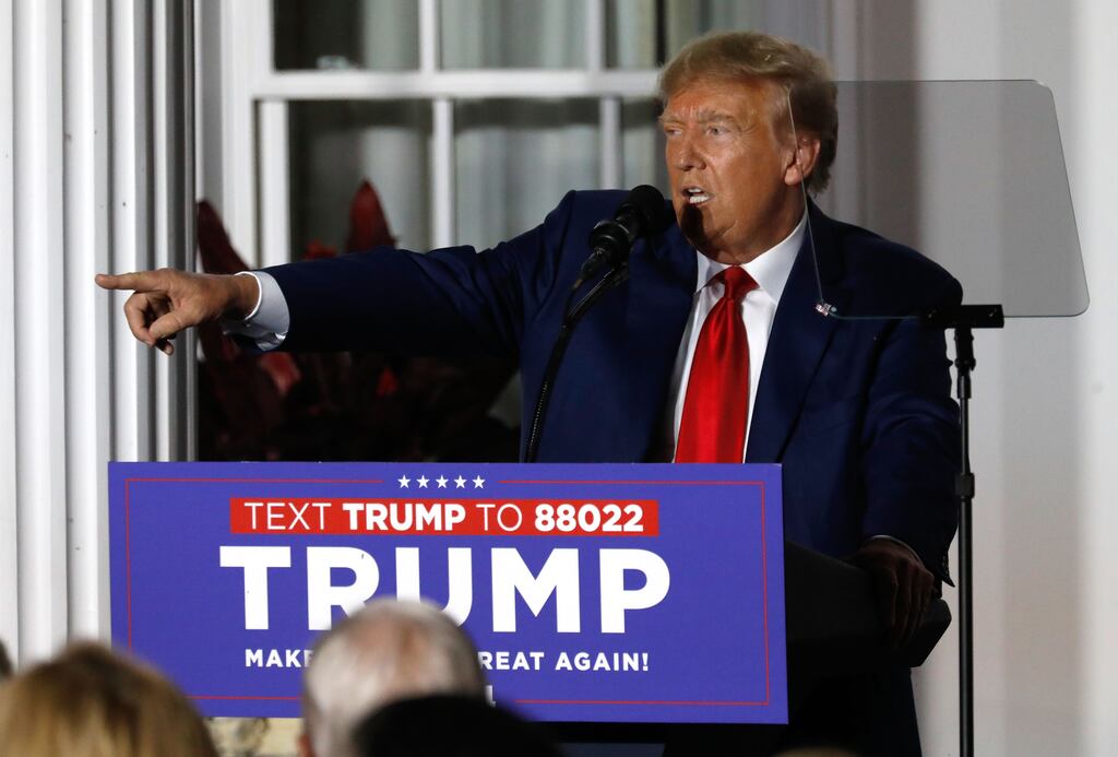 Former US president Donald Trump speaks outside his golf club in Bedminster, New Jersey on Tuesday hours after appearing in a Florida court. Photograph: Peter Foley/EPA