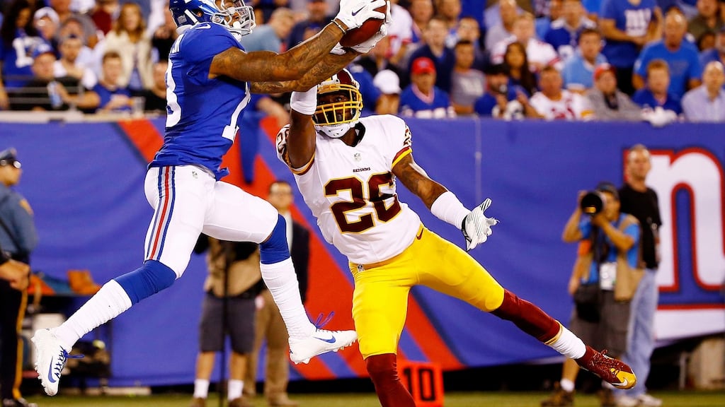 Odell Beckham Jr. touches down for the New York Giants during their 32-21 win over Washington Redskins. Photograph: Getty