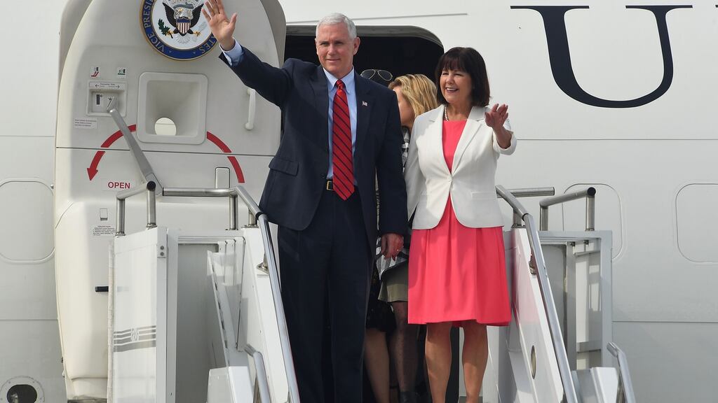 US vice-president Mike Pence and his wife Karen  arrive  in Seoul, South Korea last month: Her prominent role raised questions. Photgraph: Song Kyung-Seok-Pool/Getty Images