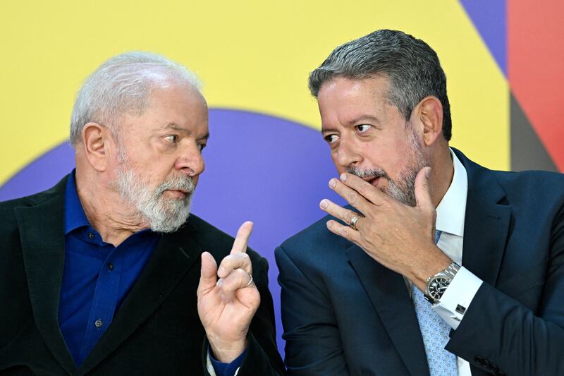 Brazilian president Luiz Inacio Lula da Silva and Arthur Lira, president of the Chamber of Deputies. Lira is one of the most influential figures in Brasília who controls voting schedules and impeachment requests. Photograph: Evaristo Sa/AFP via Getty Images