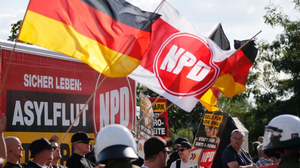 National Democratic Party supporters at a recent protest against a refugee asylum in Berlin. Photograph: Fabrizio Bensch/Reuters