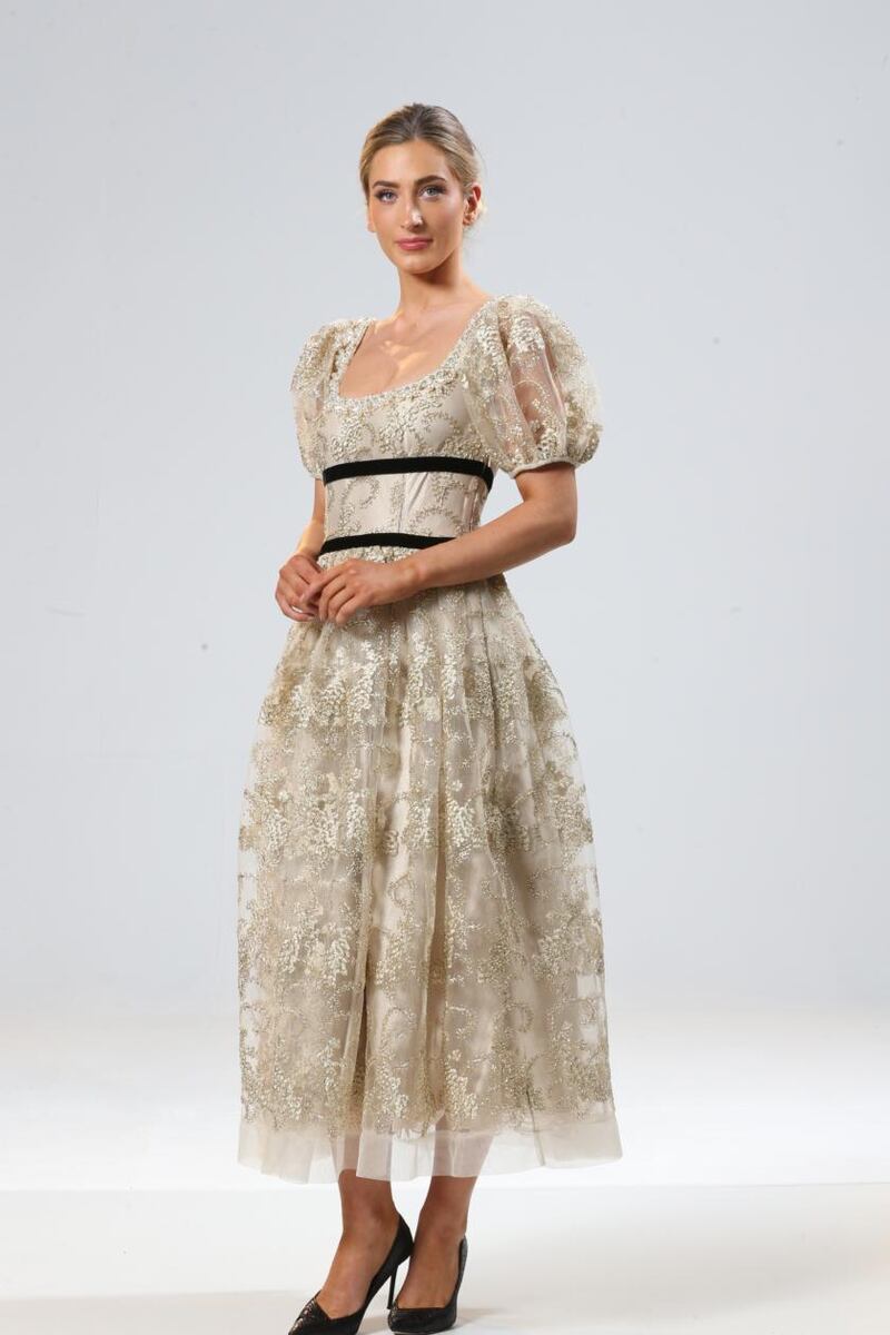 Gold lace dress, €840, by Sarah Murphy