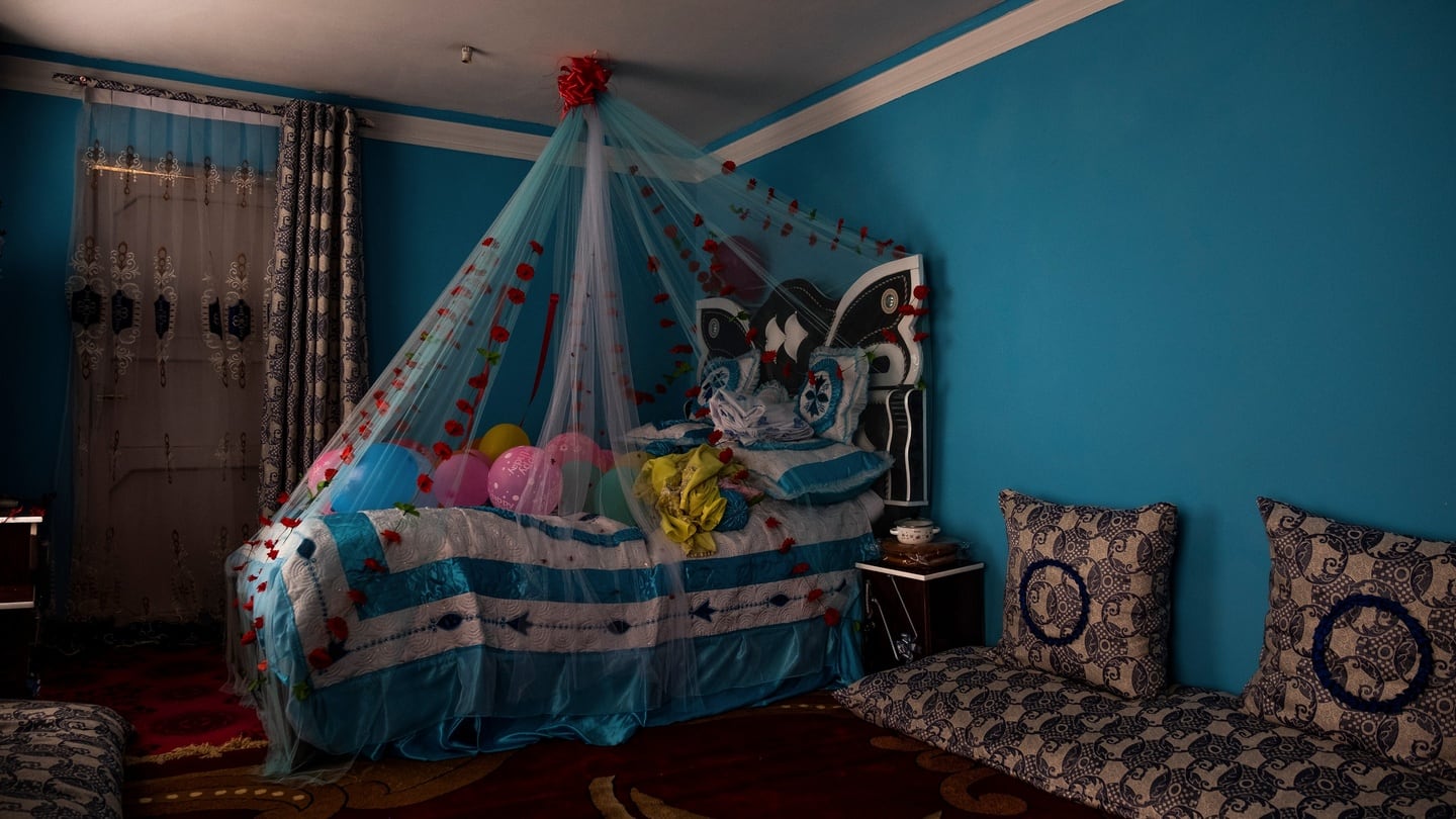The couple’s new bedroom, at the groom’s family home, sits unused the day after a suicide bomber attacked their wedding in Kabul on Saturday. Photograph: Jim Huylebroek/New York Times