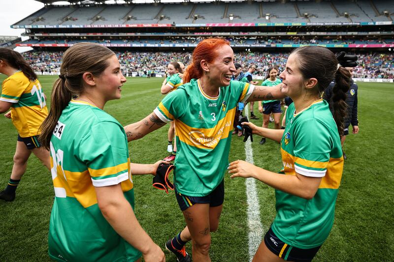 Leitrim's Charlene Tyrell celebrates after the All-Ireland win with team-mates Mollie Murphy and Eimear Quigley. Photograph: Ben Brady/Inpho