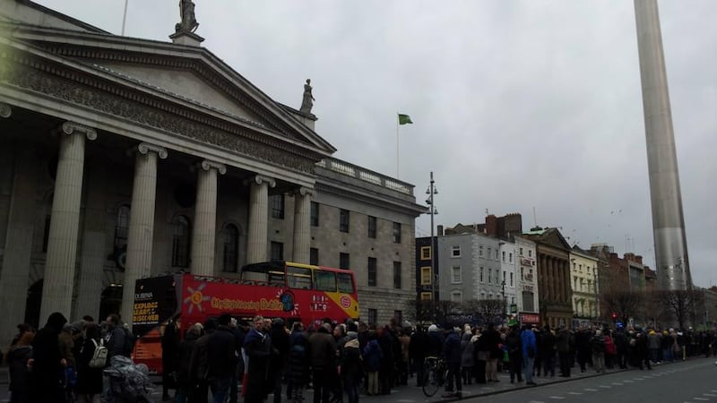 A crowd gathers outside the GPO on Dublin’s O’Connell Street on Sunday, January 11th, ahead of a solidarity rally in memory of the victims of terror attacks in Paris, France, during the previous week. Photograph: Peter Smyth/The Irish Times