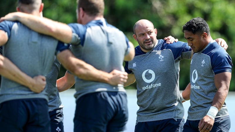 Rory Best and Bundee Aki during an Ireland training session at the Yumeria Sports Grounds in Iwata. Photograph: Dan Sheridan/Inpho