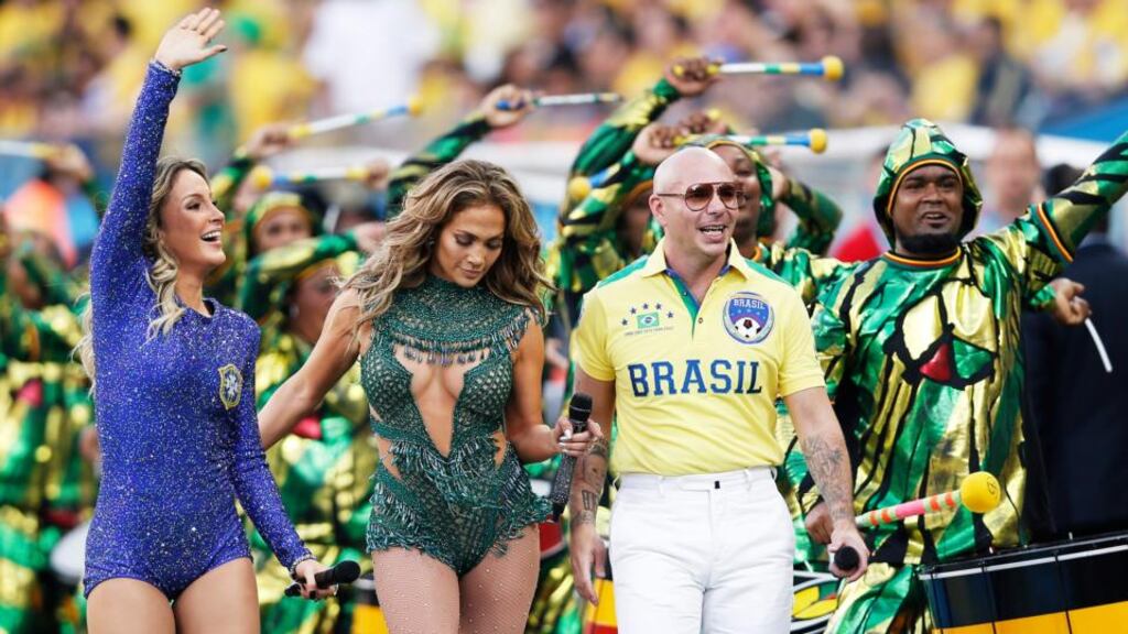 Brazilian singer Claudia Leitte, US singer Jennifer Lopez, and US rapper Pitbull perform during the opening ceremony prior to the FIFA World Cup 2014 group A preliminary round match between Brazil and Croatia at the Arena Corinthians in Sao Paulo this evening. Photograph: Tolga Bosoglu/EPA