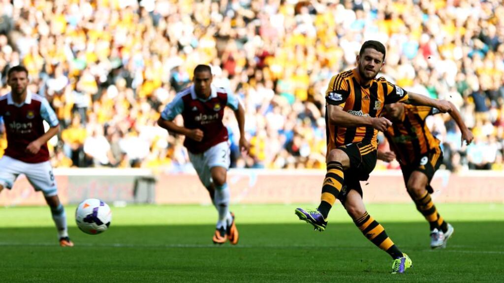 Hull’s Robbie Brady scores the opening goal from the penalty spot against West Ham last weekend