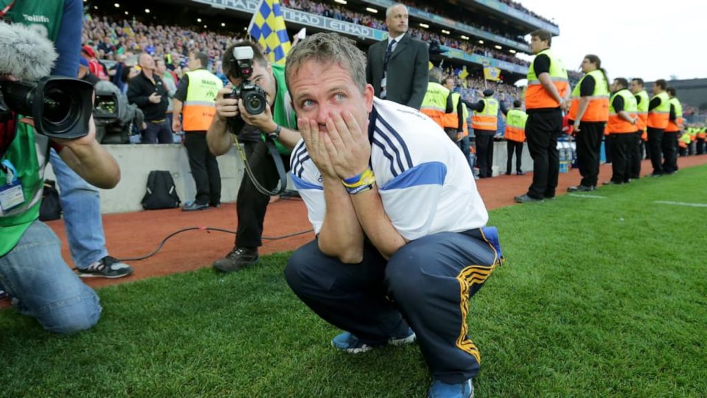 Clare manager Davy Fitzgerald reacts at the final whistle. Photograph: Morgan Treacy/Inpho