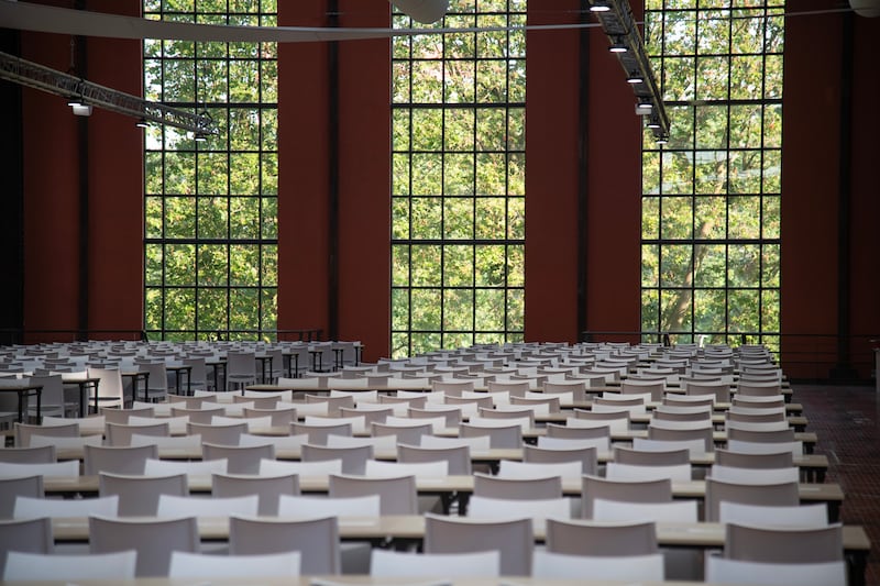 Inside the building that houses six athlete restaurants in the centre of the Olympic Village in Paris. The large dining complex has more than 3,500 seats and serves 15,000. Photograph: James Hill/New York Times