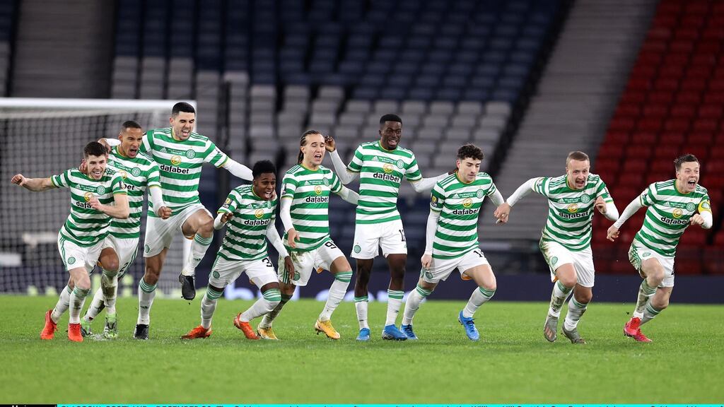 Celtic celebrate victory after a penalty shoot out in the Scottish Cup final against Hearts. Photo: Ian MacNicol/Getty Images