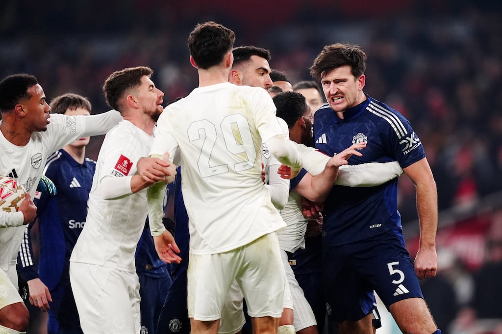 Tempers flare between Manchester United's Harry Maguire (right) and Arsenal's Kai Havertz during the FA Cup match at the Emirates Stadium. photograph: Mike Egerton/PA Wire