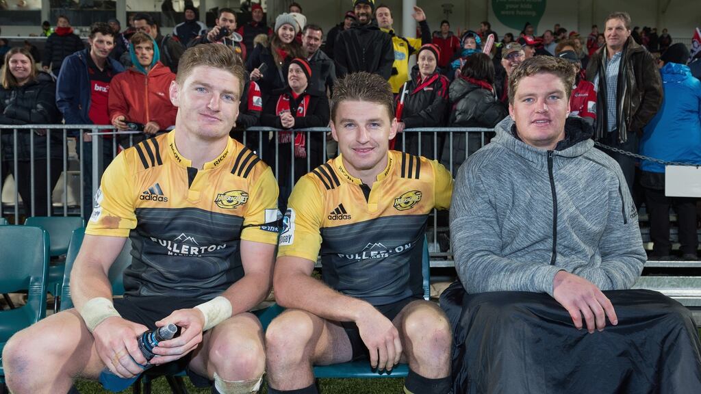 Brothers Jordie Barrett of the Hurricanes, Beauden Barrett of the Hurricanes and Scott Barrett of the Crusaders are all set to line up for the All Blacks against Samoa on Friday. Photograph: Kai Schwoerer/Getty Images