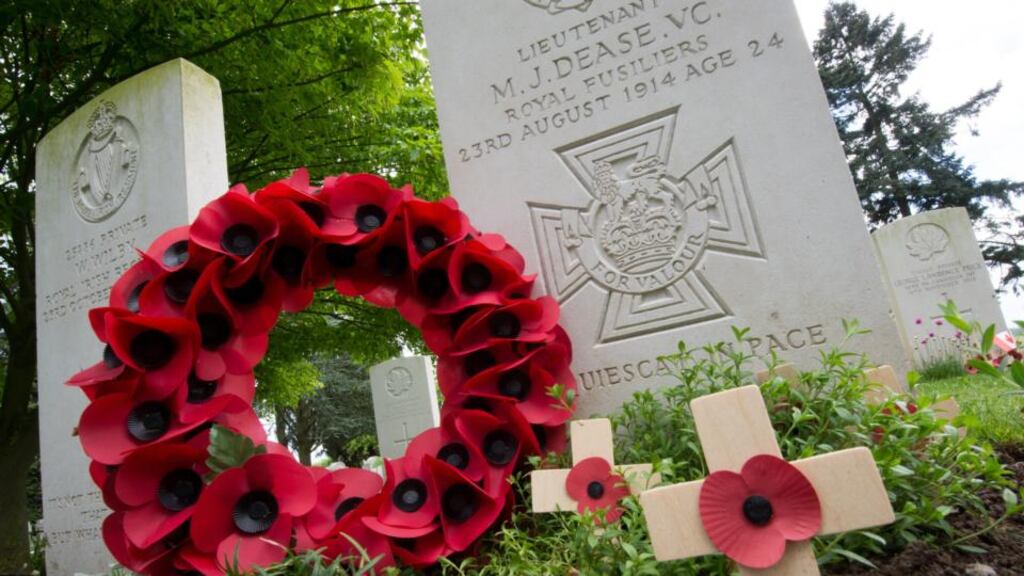 The tombstone of John Parr, the first British soldier killed in World War I, on August 21st, 1914, at the Military Cemetery of Saint-Symphorien in Spiennes, Mons. Photograph: Benoit Doppagne/AFP/Getty Images