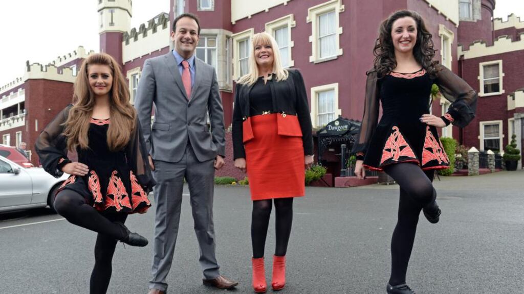Minister for Transport, Tourism and Sport, Leo Varadkar and Mary Mitchell O’Connor TD with dancers Shauna McCarthy (left) and Lori Hall at the opening of the Tourism 2020 conference in  Killiney, Co Dublin, yesterday. Photograph: Eric Luke