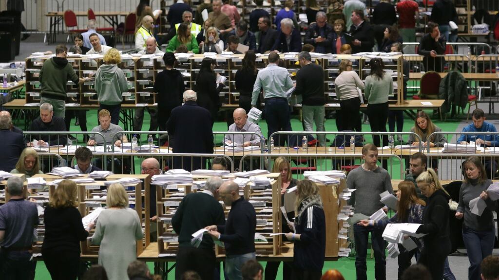 Counting of votes the 2020 general election at the RDS. Photograph: Damien Eagers